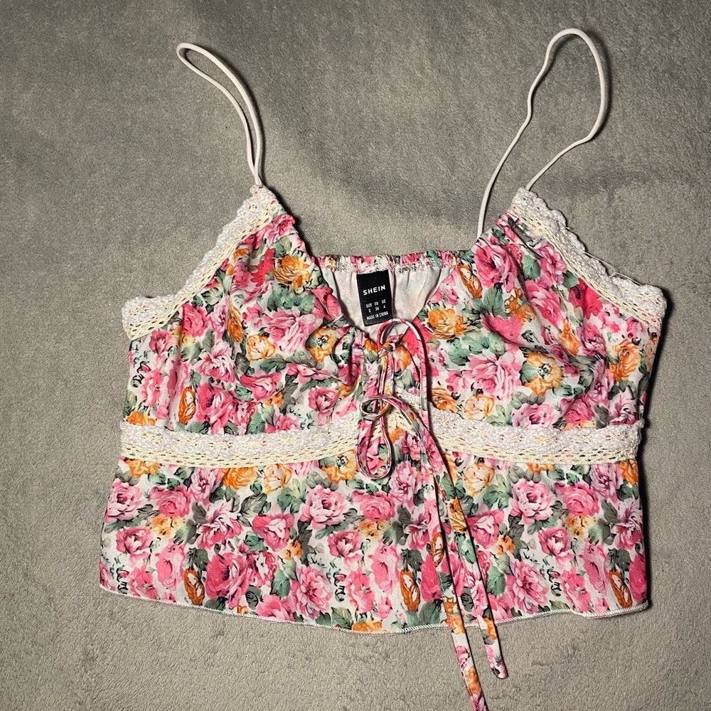 SHEIN Pink Floral Lace Trim Camisole